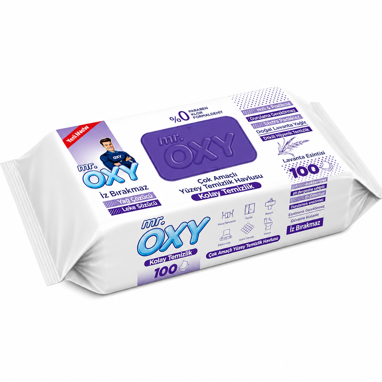 دستمال مرطوب چندمنظوره پاککننده سطوح مستر اکسی (Mr. Oxy) با رایحه لوندر (Lavender) – بسته 100 عددی