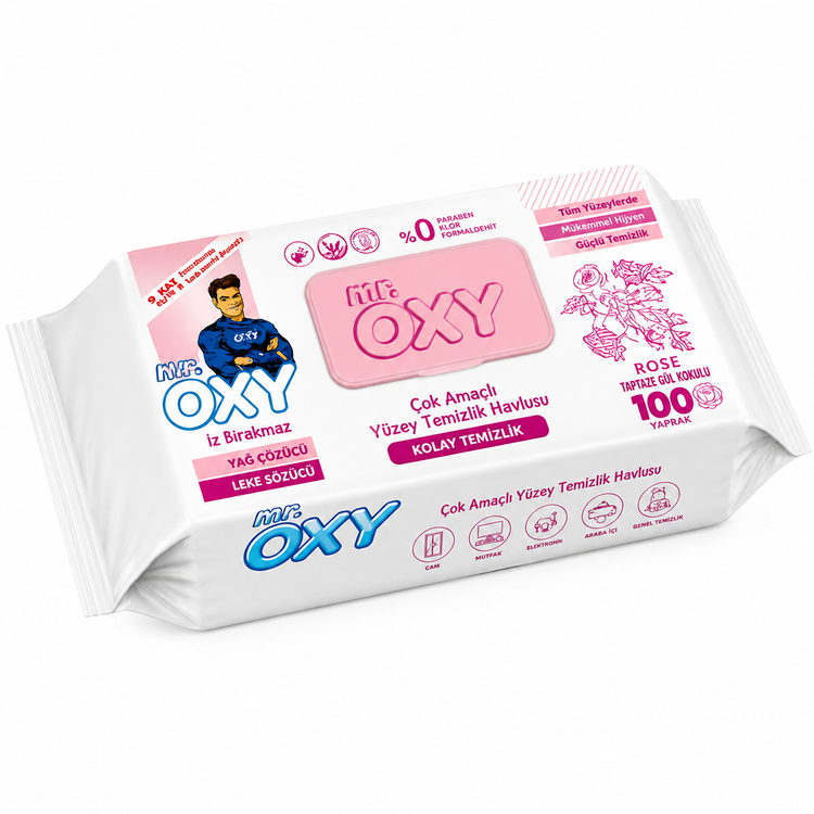 دستمال مرطوب پاک کننده سطوح مستر اکسی رز (Mr. Oxy Rose) 100 عددی | پاک کنندگی قوی با رایحه گل رز